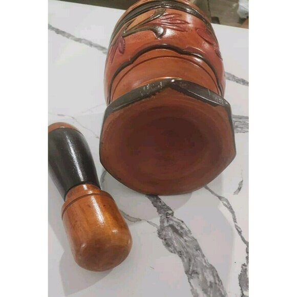 Vintage Wood Hand Turned Carved Floral Three‎ Tone Mortar and Pestle LARGE - Picture 2 of 9